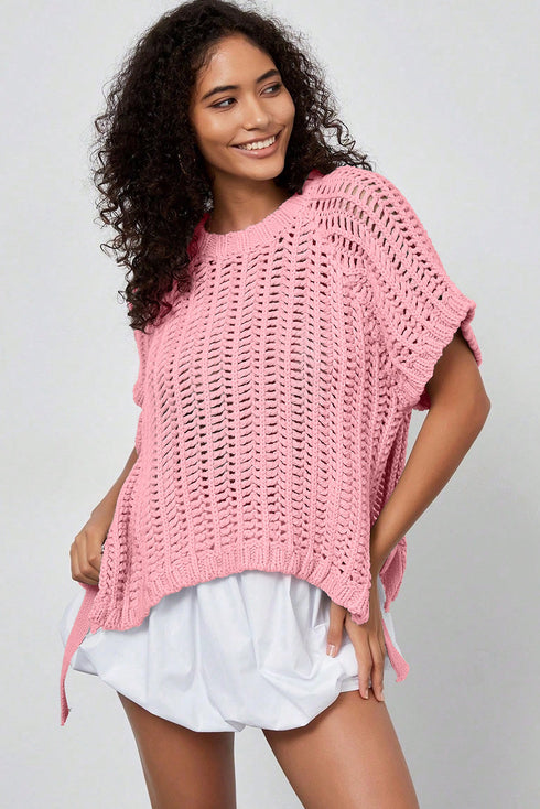 Solid Open Knit Bow Tie Detail Short Sleeve Sweater
