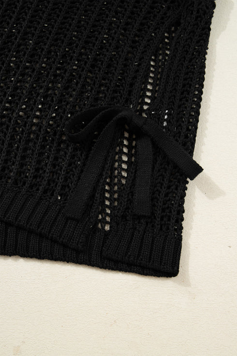 Solid Open Knit Bow Tie Detail Short Sleeve Sweater