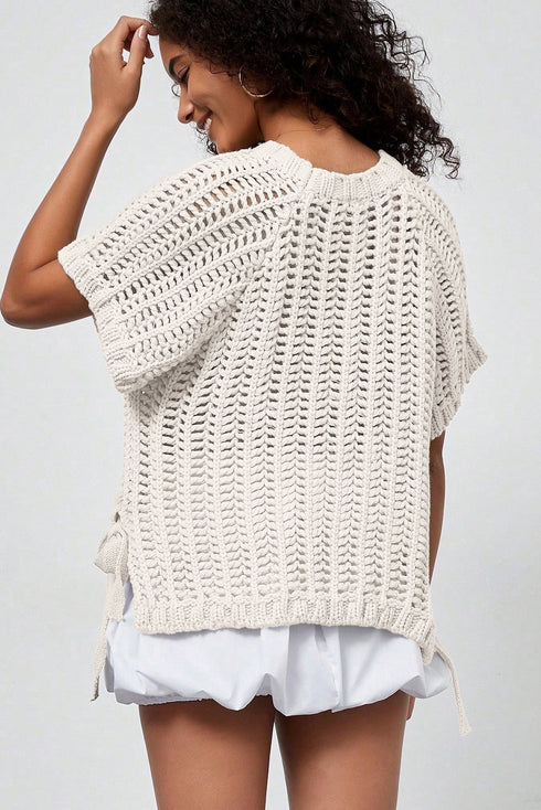 Solid Open Knit Bow Tie Detail Short Sleeve Sweater