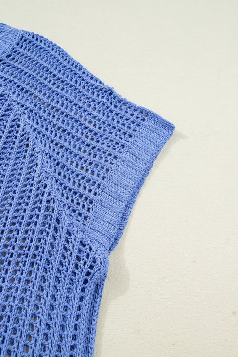 Solid Open Knit Bow Tie Detail Short Sleeve Sweater
