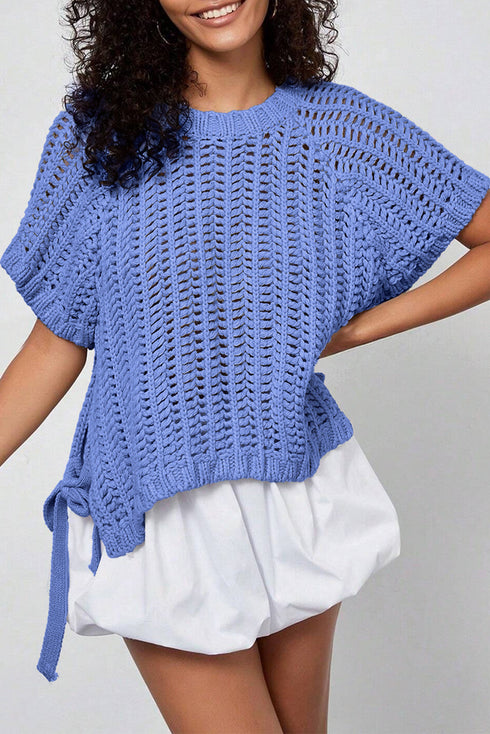 Solid Open Knit Bow Tie Detail Short Sleeve Sweater