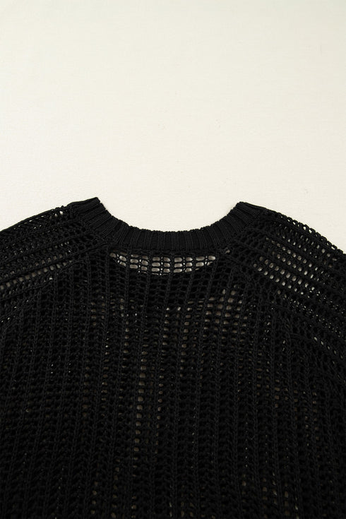 Solid Open Knit Bow Tie Detail Short Sleeve Sweater