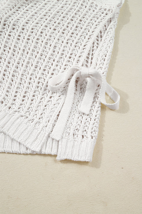 Solid Open Knit Bow Tie Detail Short Sleeve Sweater