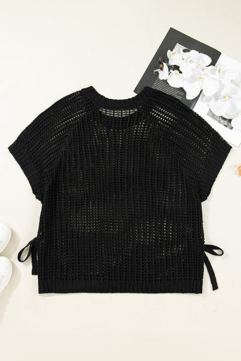 Solid Open Knit Bow Tie Detail Short Sleeve Sweater
