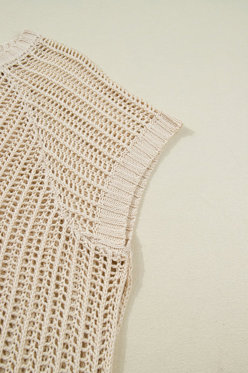 Solid Open Knit Bow Tie Detail Short Sleeve Sweater