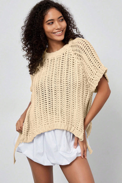 Solid Open Knit Bow Tie Detail Short Sleeve Sweater