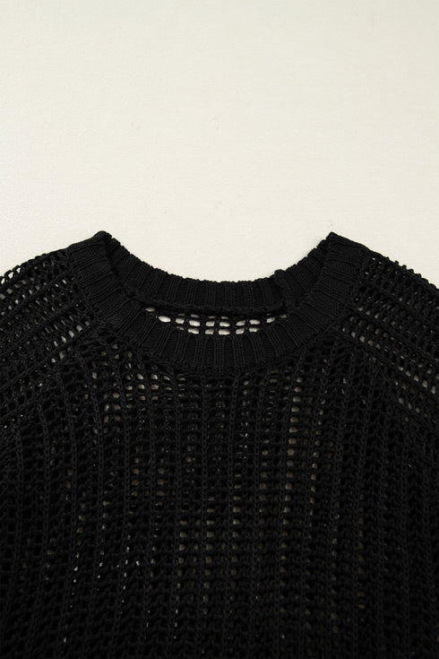 Solid Open Knit Bow Tie Detail Short Sleeve Sweater