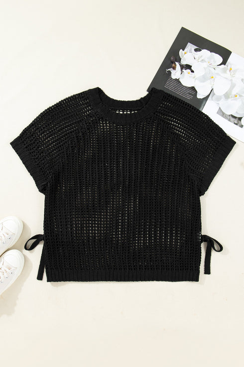 Solid Open Knit Bow Tie Detail Short Sleeve Sweater