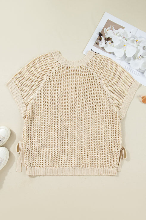 Solid Open Knit Bow Tie Detail Short Sleeve Sweater