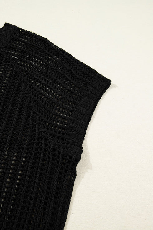 Solid Open Knit Bow Tie Detail Short Sleeve Sweater