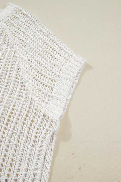 Solid Open Knit Bow Tie Detail Short Sleeve Sweater