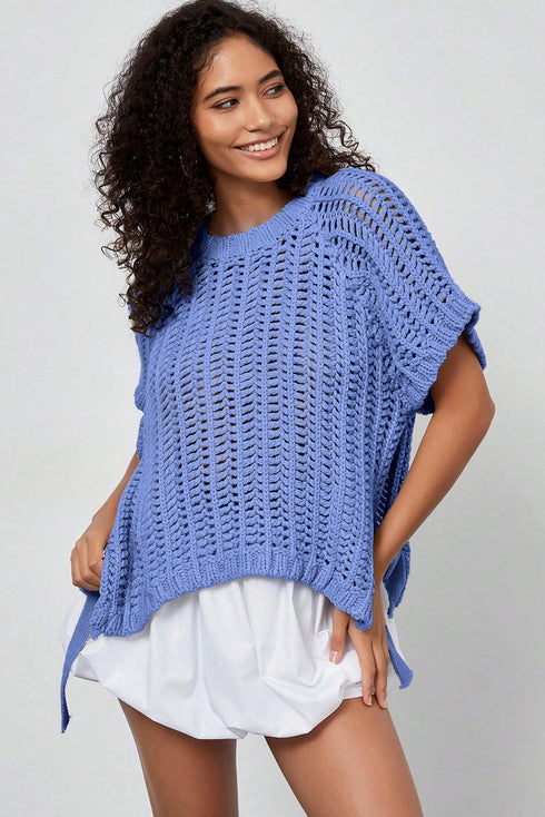 Solid Open Knit Bow Tie Detail Short Sleeve Sweater