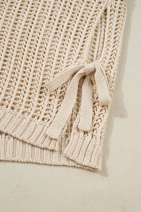 Solid Open Knit Bow Tie Detail Short Sleeve Sweater
