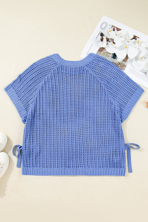 Solid Open Knit Bow Tie Detail Short Sleeve Sweater
