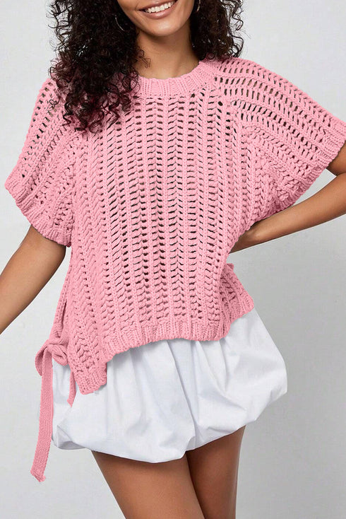 Solid Open Knit Bow Tie Detail Short Sleeve Sweater