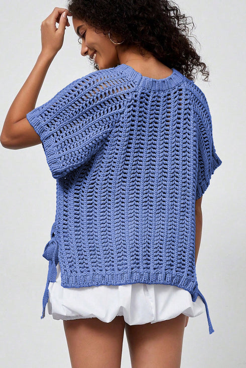 Solid Open Knit Bow Tie Detail Short Sleeve Sweater