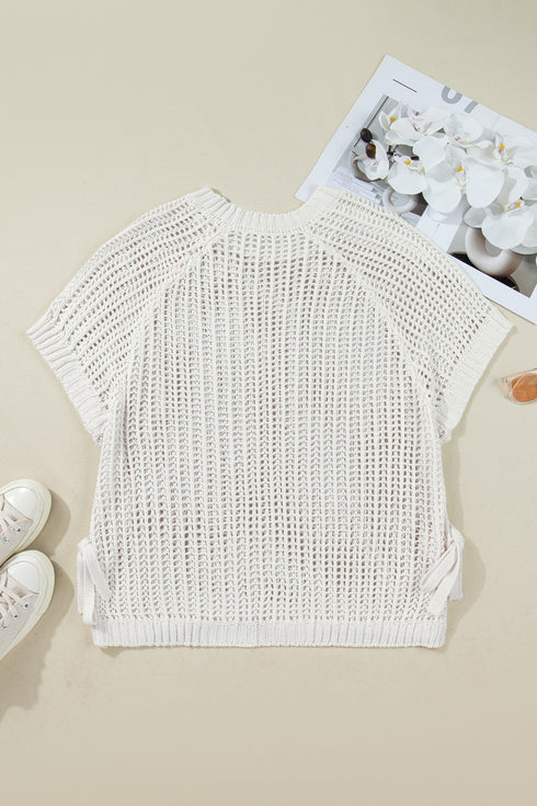 Solid Open Knit Bow Tie Detail Short Sleeve Sweater