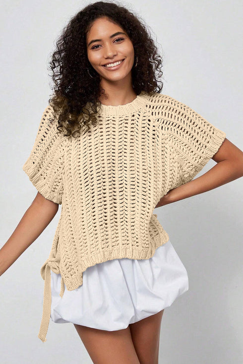 Solid Open Knit Bow Tie Detail Short Sleeve Sweater