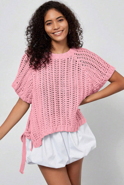 Solid Open Knit Bow Tie Detail Short Sleeve Sweater