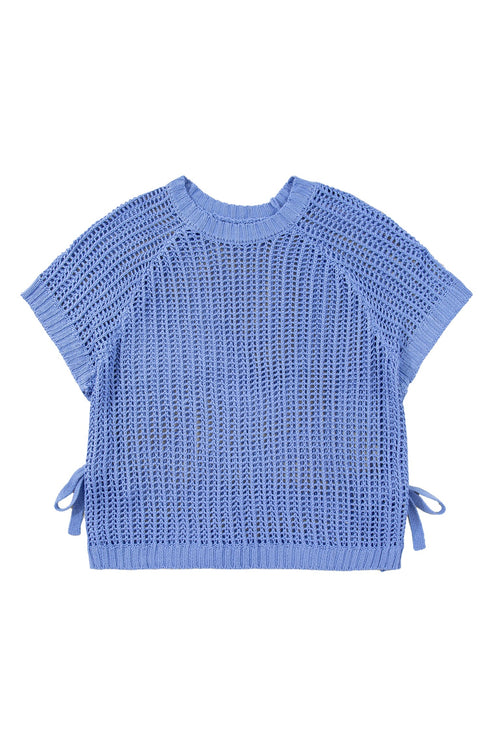 Solid Open Knit Bow Tie Detail Short Sleeve Sweater