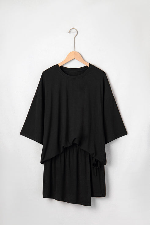 Solid Oversize Tee Tie Wrap Mini Skort Two Piece Set