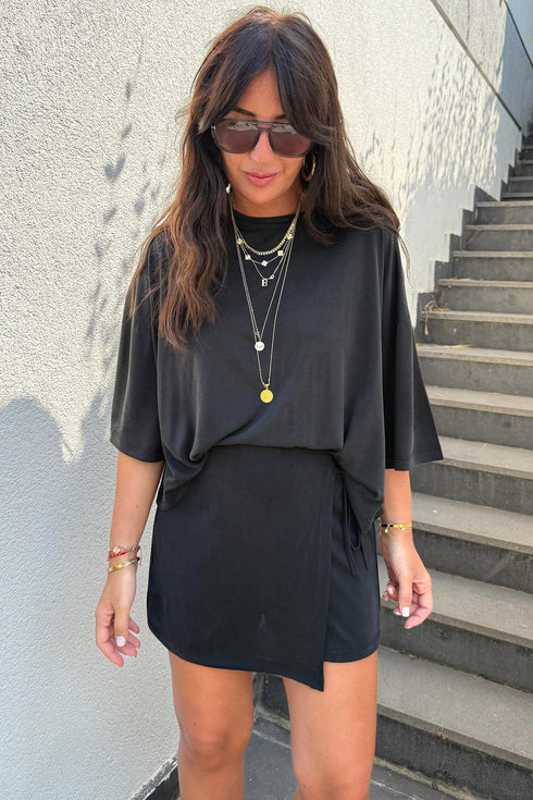 Solid Oversize Tee Tie Wrap Mini Skort Two Piece Set