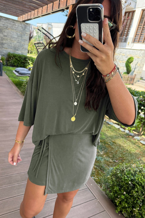 Solid Oversize Tee Tie Wrap Mini Skort Two Piece Set