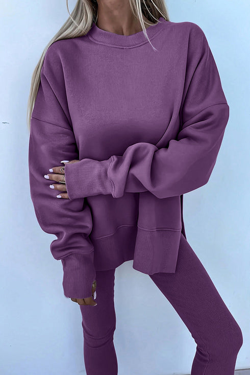 Solid Oversized Slit Sweatshirt Ribbed Leggings Pant Sets