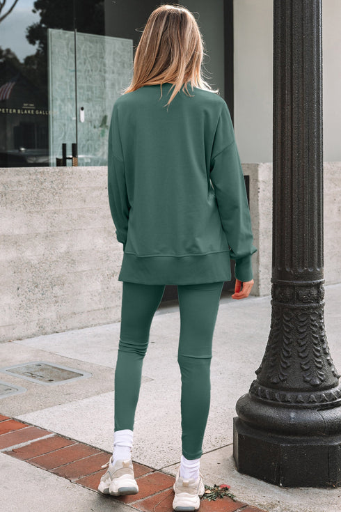 Solid Oversized Slit Sweatshirt Ribbed Leggings Pant Sets