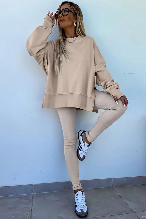 Solid Oversized Slit Sweatshirt Ribbed Leggings Pant Sets