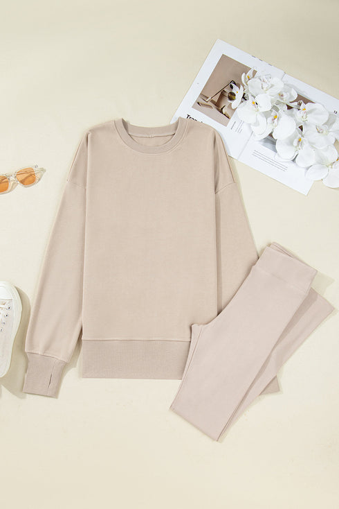 Solid Oversized Slit Sweatshirt Ribbed Leggings Pant Sets