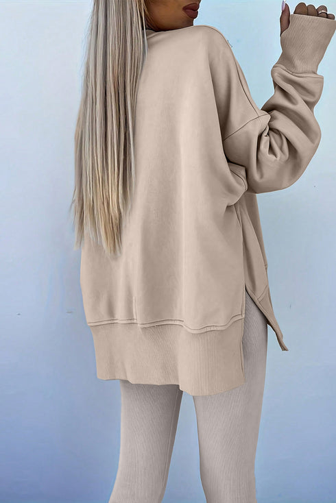 Solid Oversized Slit Sweatshirt Ribbed Leggings Pant Sets