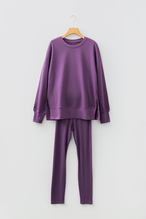 Solid Oversized Slit Sweatshirt Ribbed Leggings Pant Sets