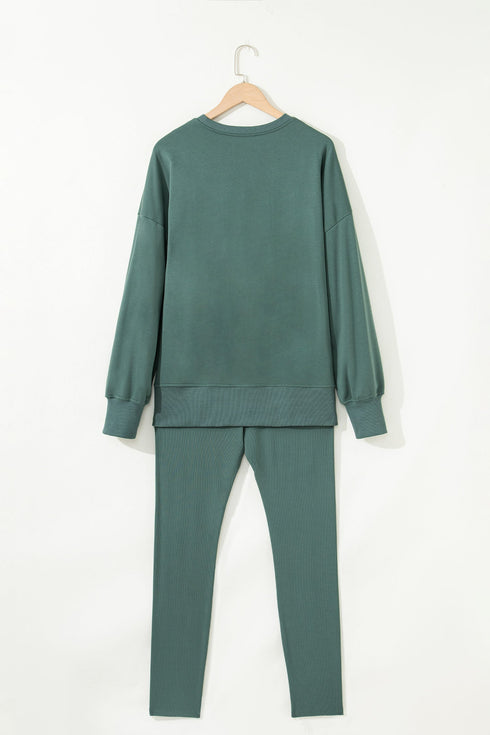 Solid Oversized Slit Sweatshirt Ribbed Leggings Pant Sets