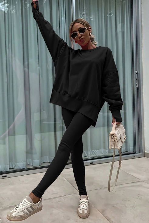Solid Oversized Slit Sweatshirt Ribbed Leggings Pant Sets