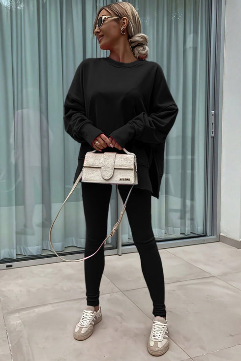 Solid Oversized Slit Sweatshirt Ribbed Leggings Pant Sets