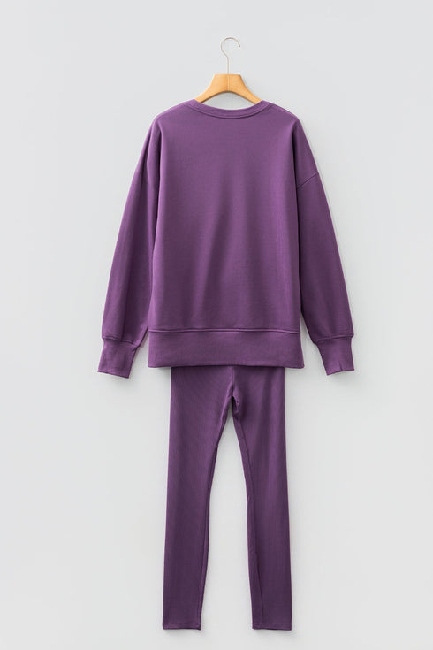 Solid Oversized Slit Sweatshirt Ribbed Leggings Pant Sets