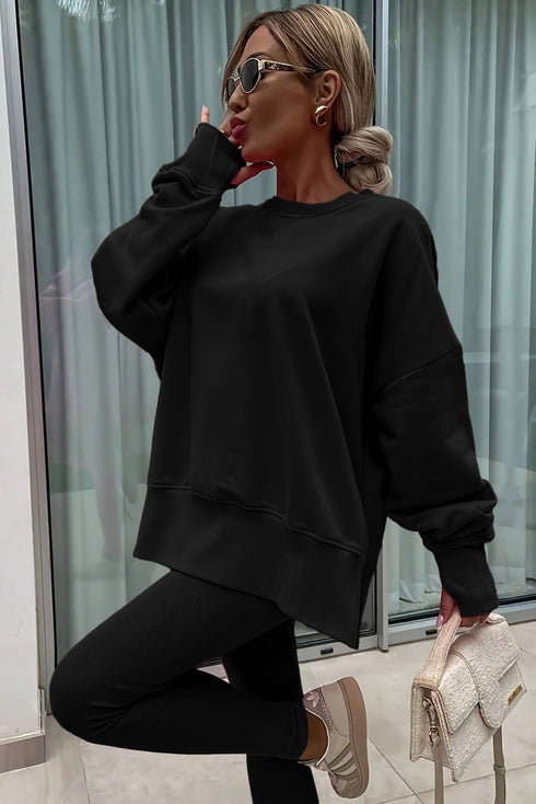Solid Oversized Slit Sweatshirt Ribbed Leggings Pant Sets