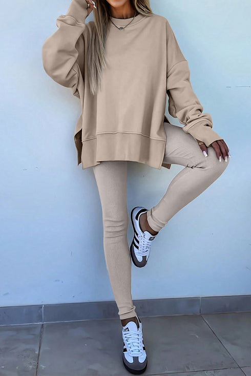 Solid Oversized Slit Sweatshirt Ribbed Leggings Pant Sets