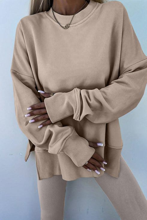 Solid Oversized Slit Sweatshirt Ribbed Leggings Pant Sets