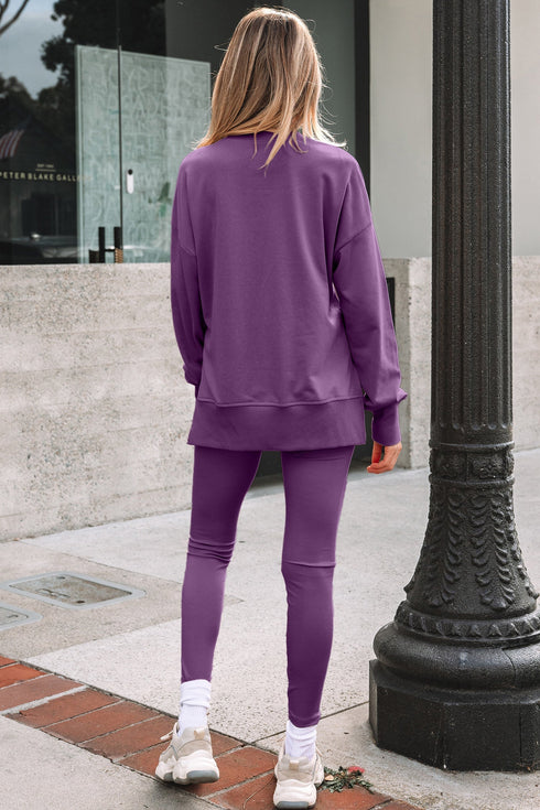 Solid Oversized Slit Sweatshirt Ribbed Leggings Pant Sets