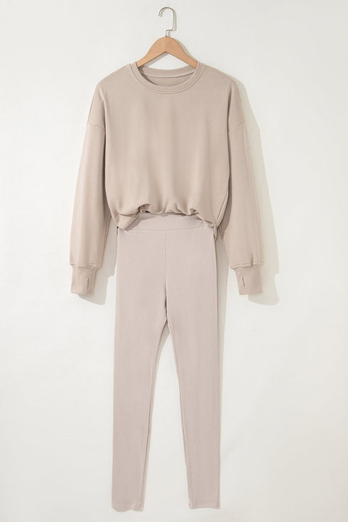 Solid Oversized Slit Sweatshirt Ribbed Leggings Pant Sets