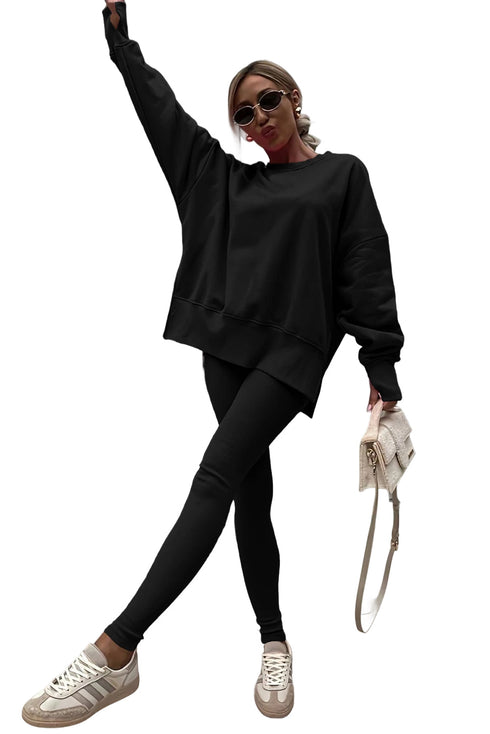 Solid Oversized Slit Sweatshirt Ribbed Leggings Pant Sets