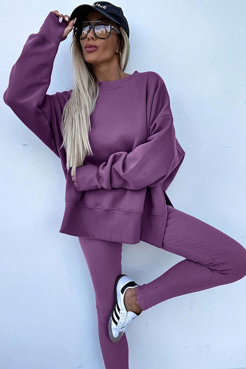 Solid Oversized Slit Sweatshirt Ribbed Leggings Pant Sets
