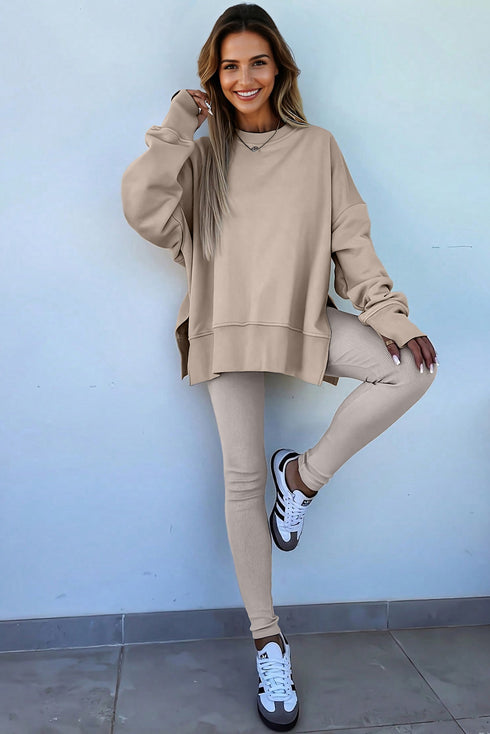 Solid Oversized Slit Sweatshirt Ribbed Leggings Pant Sets