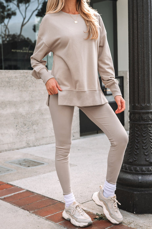 Solid Oversized Slit Sweatshirt Ribbed Leggings Pant Sets