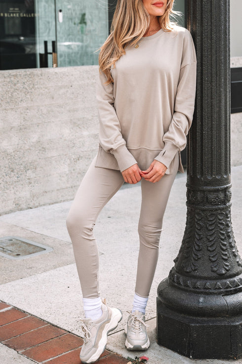 Solid Oversized Slit Sweatshirt Ribbed Leggings Pant Sets