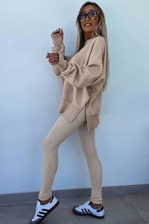 Solid Oversized Slit Sweatshirt Ribbed Leggings Pant Sets
