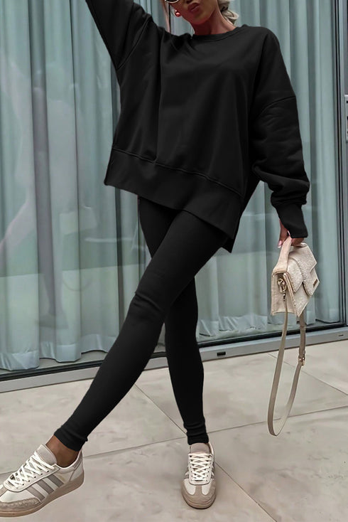 Solid Oversized Slit Sweatshirt Ribbed Leggings Pant Sets