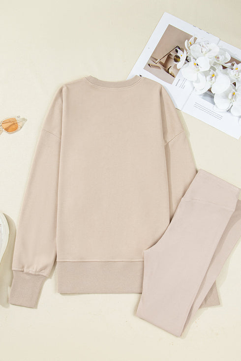 Solid Oversized Slit Sweatshirt Ribbed Leggings Pant Sets